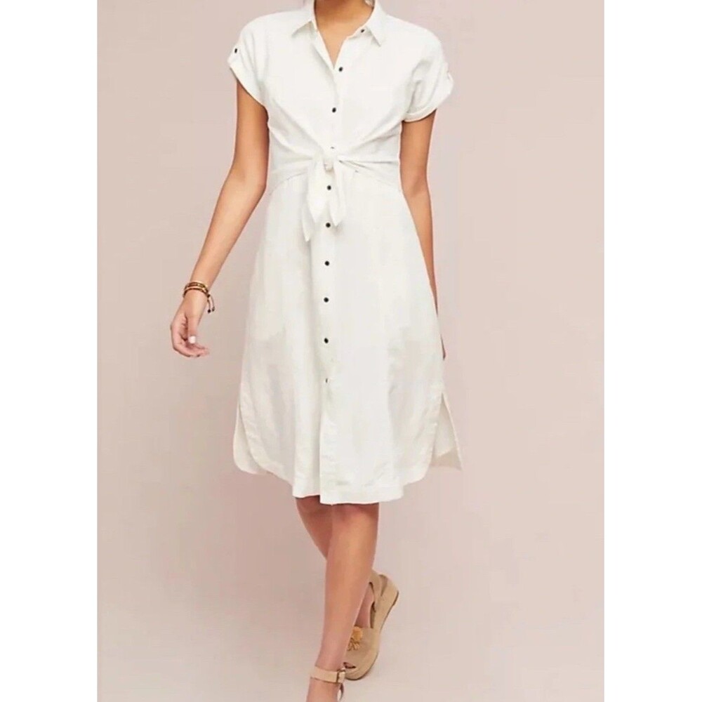 Anthropologie Maeve Elspeth linen Button shirt dress W/Pockets & Front Tie Sz Sm